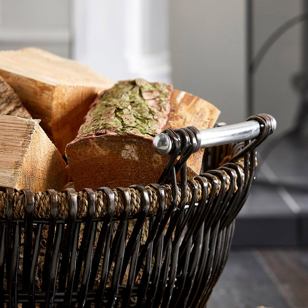 Inglenook Fireside Wicker Round Log Basket with Chrome Handles Image 2