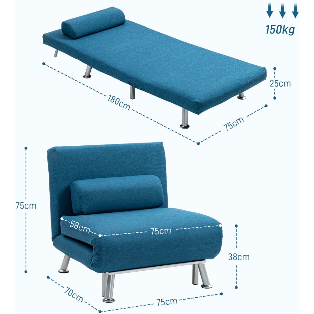 HOMCOM Single Blue Linen Chair Bed with Adjustable Backrest Image 8