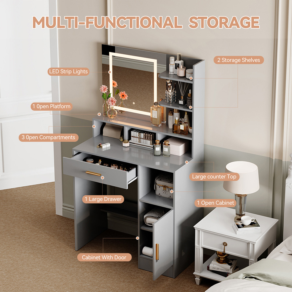 Brooklyn Truro Single Door Single Drawer 7 Shelf Grey Adjustable Dressing Table with LED Mirror Image 4