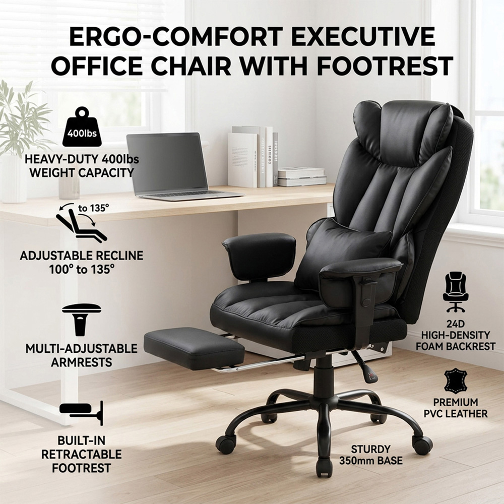 Living and Home Black Ergonomic Office Chair with Adjustable Armrests and Footrest Image 8