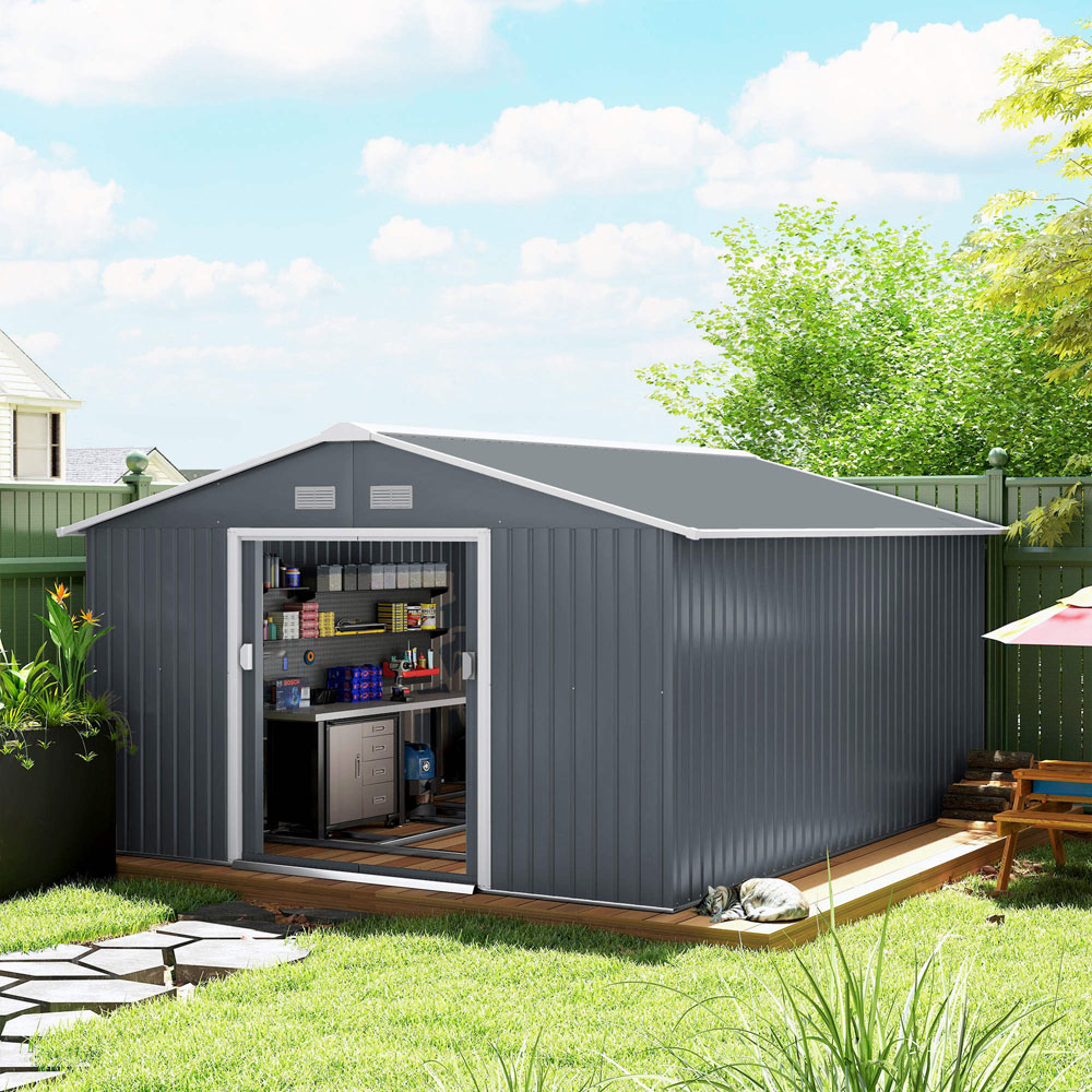 Outsunny 13 x 11ft Grey Metal Apex Garden Shed Image 2
