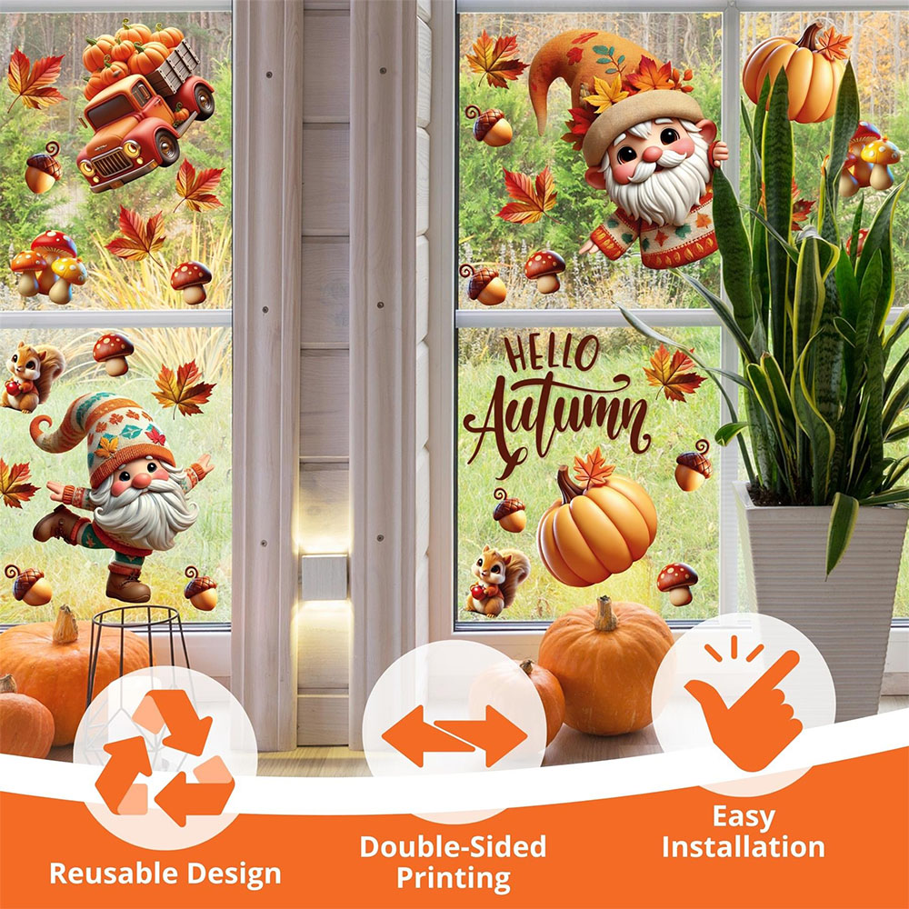 Walplus Halloween 111 Piece Autumn Whimsical Gnomes Window Cling Set Image 4