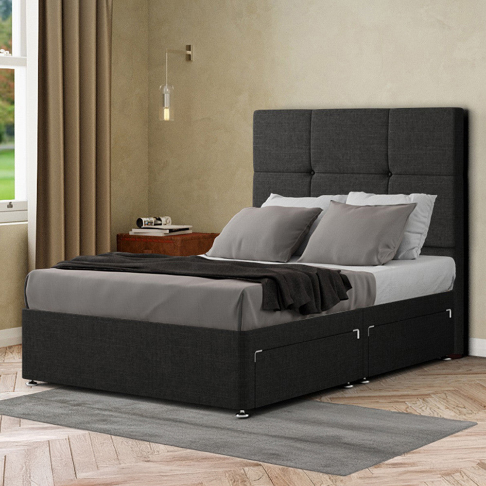 Portland Jacob Double Black Linen Divan Bed Frame with 2 Drawers and Headboard Image 1