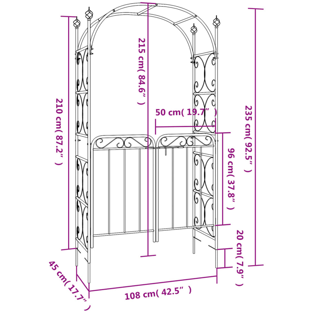 vidaXL 7.7 x 1.4 x 3.5ft Black Steel Garden Arch with Gate Image 7