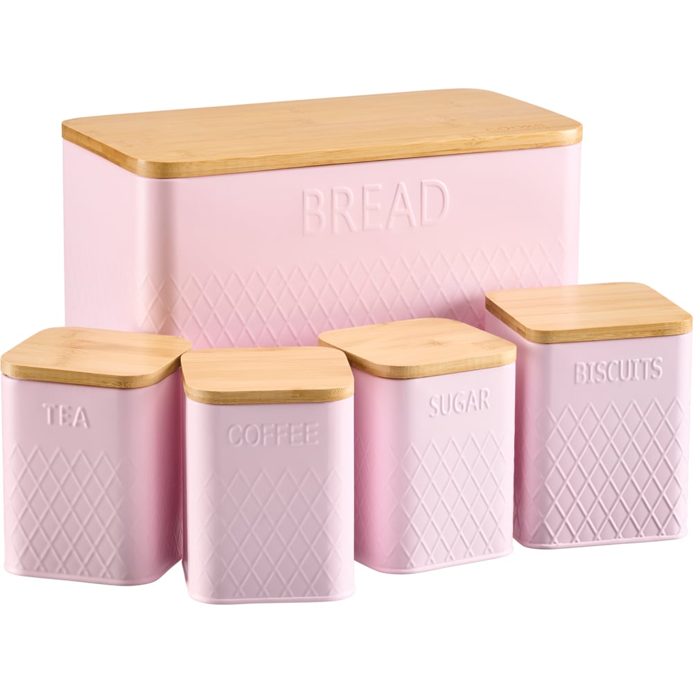 Cooks Professional Pink 5 Piece Square Kitchen Food Storage Set with Bamboo Lid Image 1
