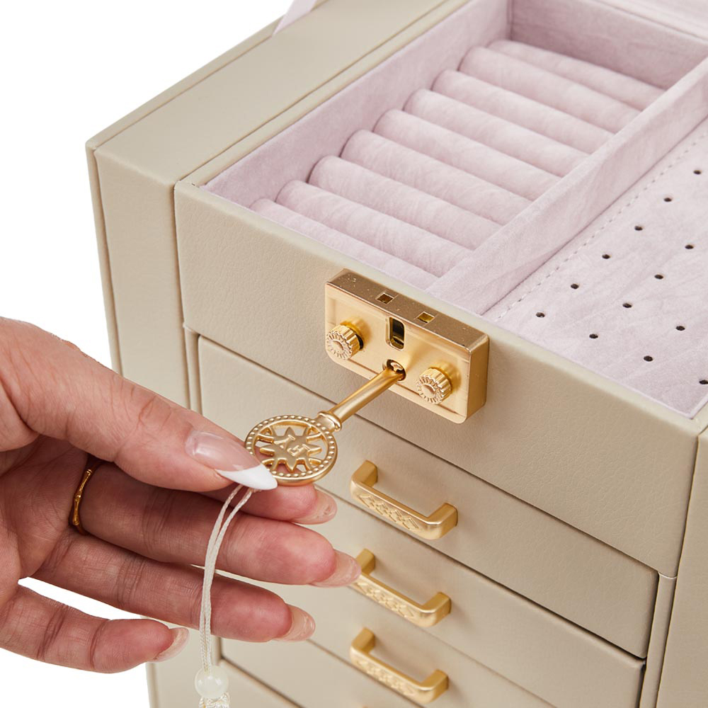 Living and Home 5 Drawer White Faux Leather Jewellery Box with Mirror Image 6