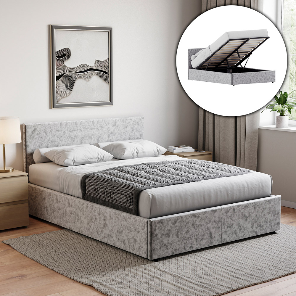 VIDA DESIGNS Veronica Double Silver Velvet Ottoman Bed with Gel Memory Foam Mattress Image 5