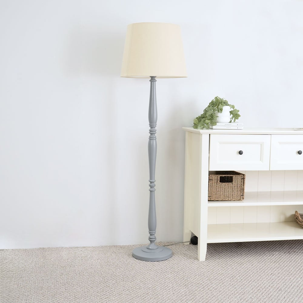 ValueLights Victoria Beige Fabric Tapered Shade Grey Wood Traditional Stem LED Floor Lamp Image 3