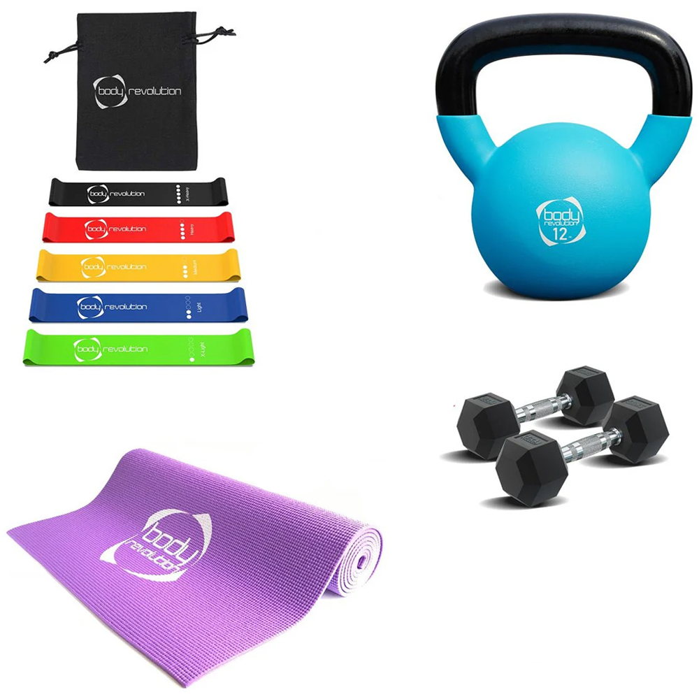 MonsterShop Home Strength Training Dumbbell Yoga Mat Resistance Band and Kettlebell 12kg Set Image 1