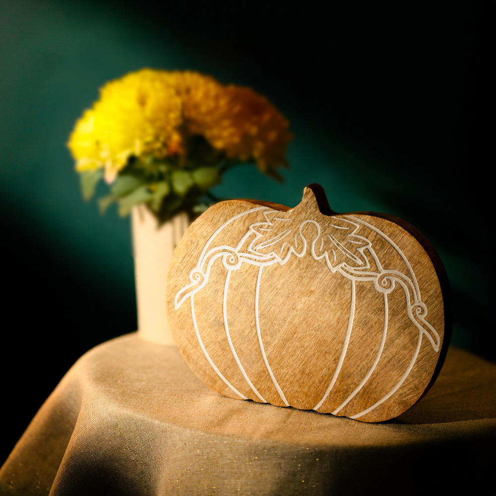 Garden Mile Wooden Carved Large Pumpkin Decoration Image 7