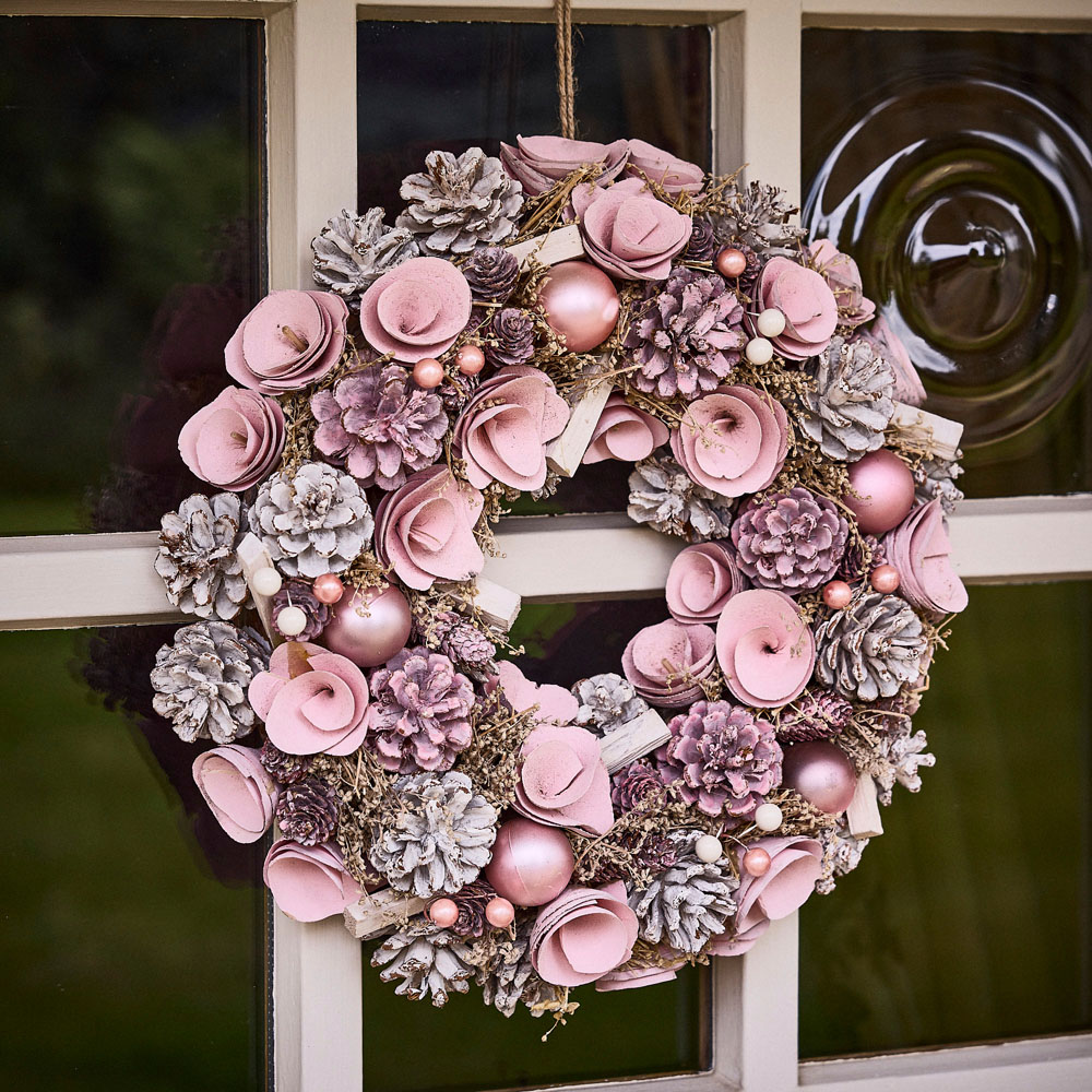 Dibor Pink Roses Christmas Wreath 38cm Image 2