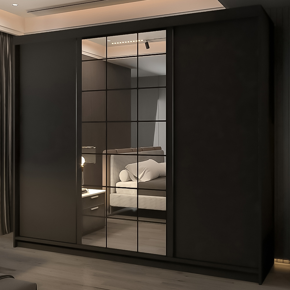 M N Furniture Collian 3 Door Black Mirrored Sliding Wardrobe 250cm Image 1