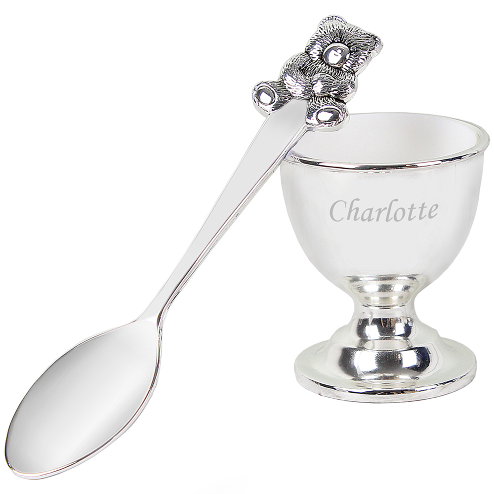 Personalised Memento Silver Personalised Egg Cup and Spoon Set Image 1