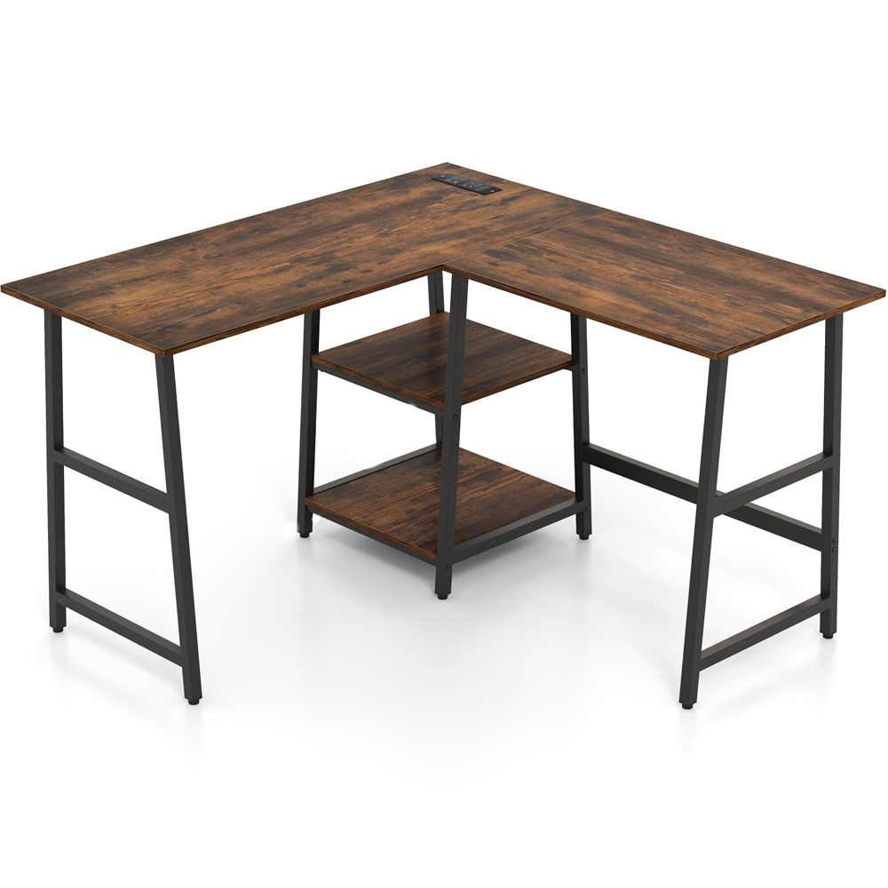 Costway 2 Shelf L Shaped Computer Desk with USB Port Rustic Brown  Image 2