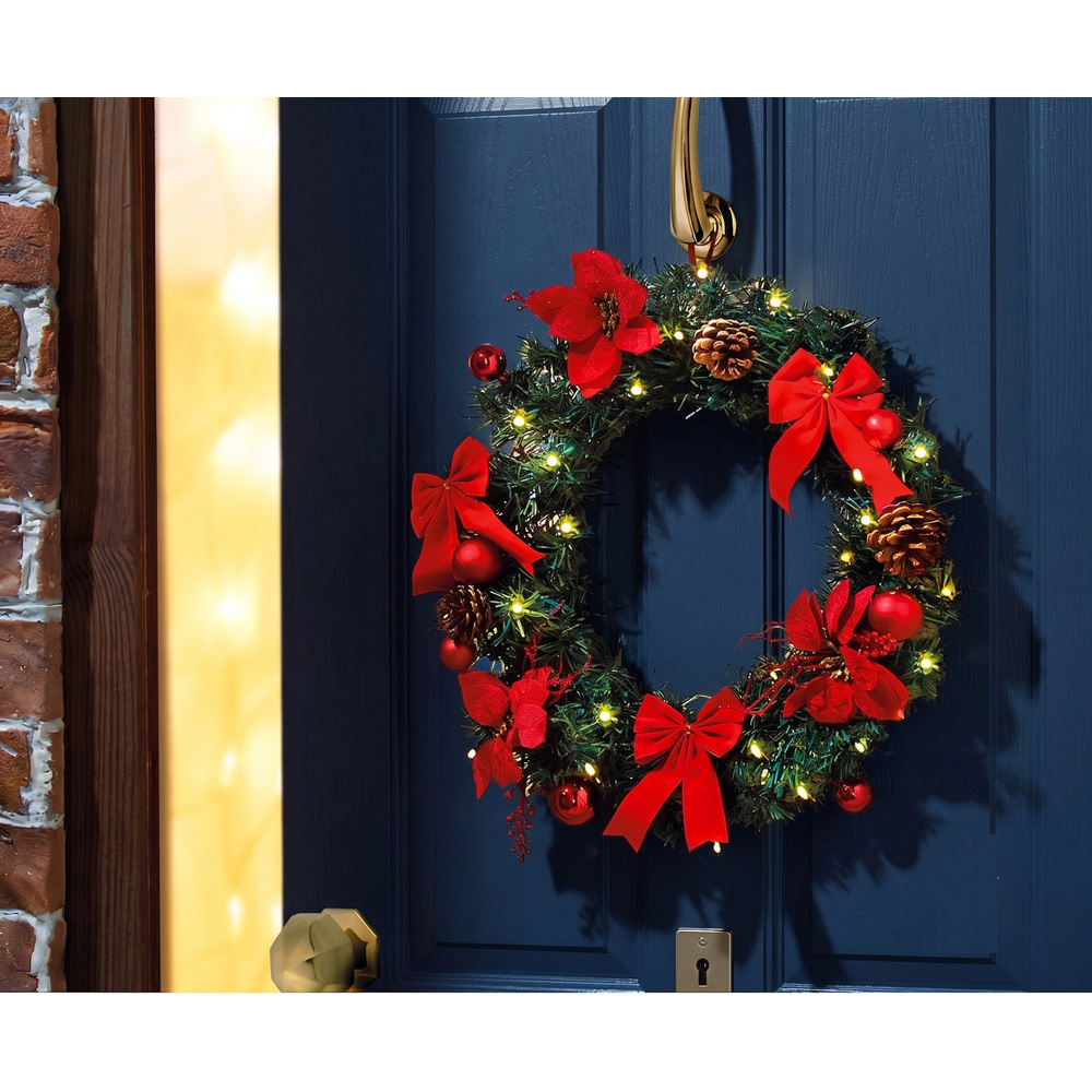 Avilo Warm White LED Wreath with Poinsettia and Baubles 24cm Image 2