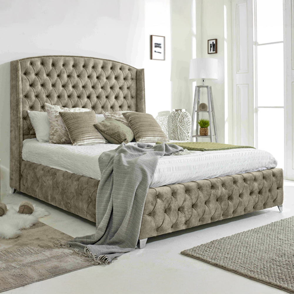 Eleganza Home Winfield Small Double Pearl Oakland Fabric Bed Frame with Chesterfield Headboard Image 1