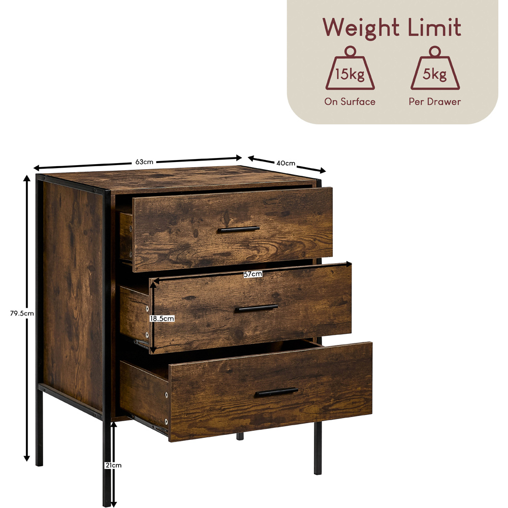 Vida Designs Brooklyn 3 Drawer Dark Wood Rustic Metal Frame Chest of Drawers Image 8