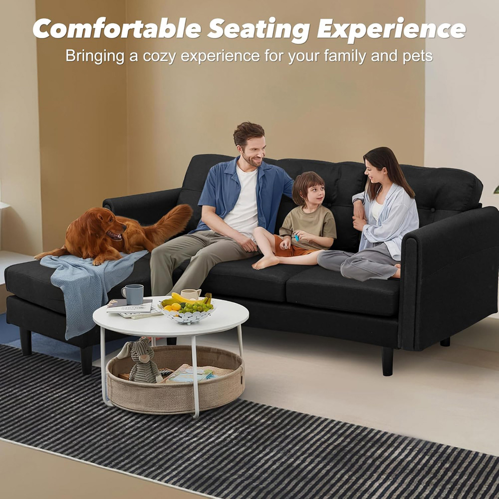 Alivio 4 Seater Black Linen Fabric Modern L-Shaped Sectional Sofa with Movable Chaise Image 5