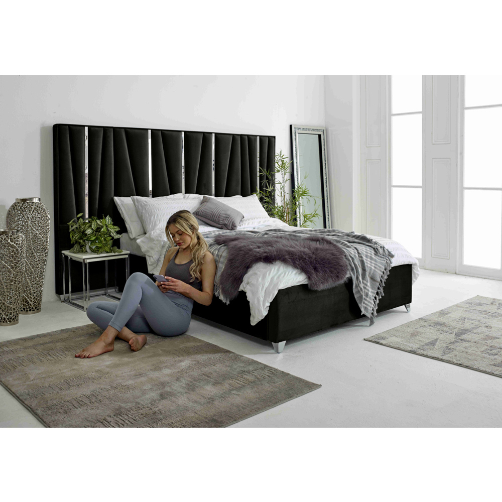 Eleganza Mila King Size Black Plush Velvet Bed Frame with Lined Headboard Image 9