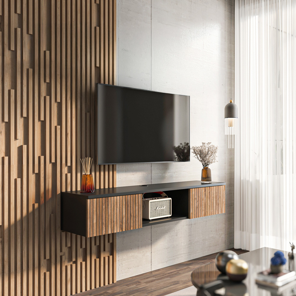 Decorotika Elia 2 Door Single Shelf Black and Alina Wall Mounted TV Unit Image 4