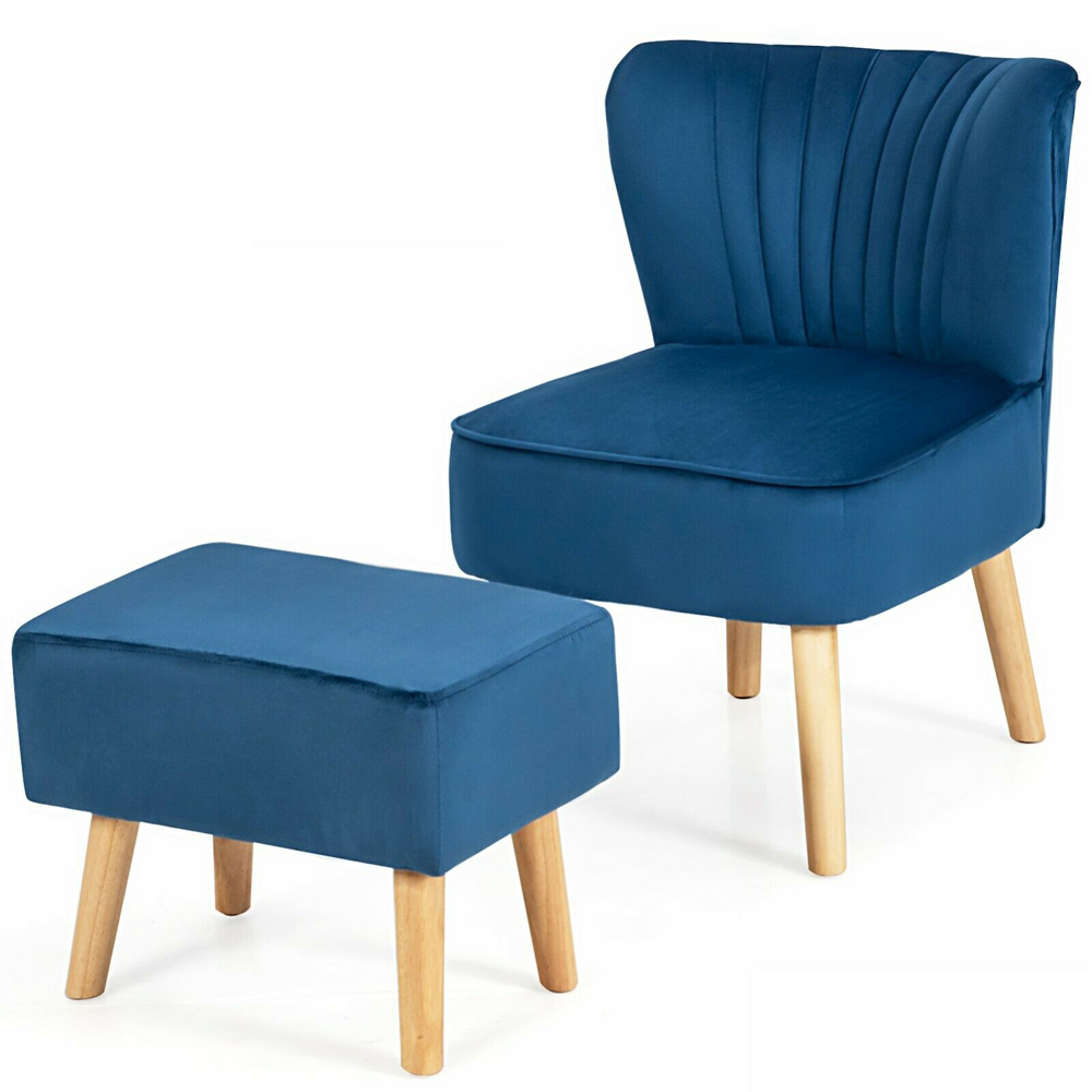 Costway Blue Velvet Oyster Back Accent Chair with Ottoman Image 2