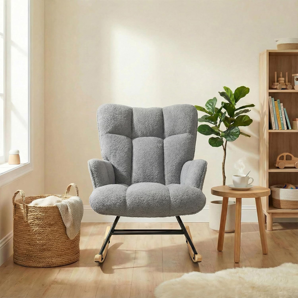Alivio Grey Teddy Plush High Backrest Rocking Chair Image 4