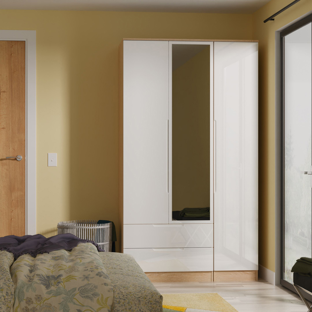 Crowndale Milan 3 Door 2 Drawer White Gloss Bardolino Oak Tall Mirrored Wardrobe Ready Assembled Image 9