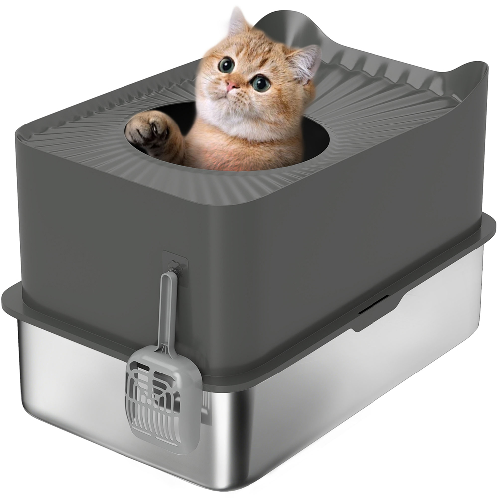 PawHut Dark Grey Stainless Steel Enclosed Cat Litter Box with Metal Litter Tray Image 3