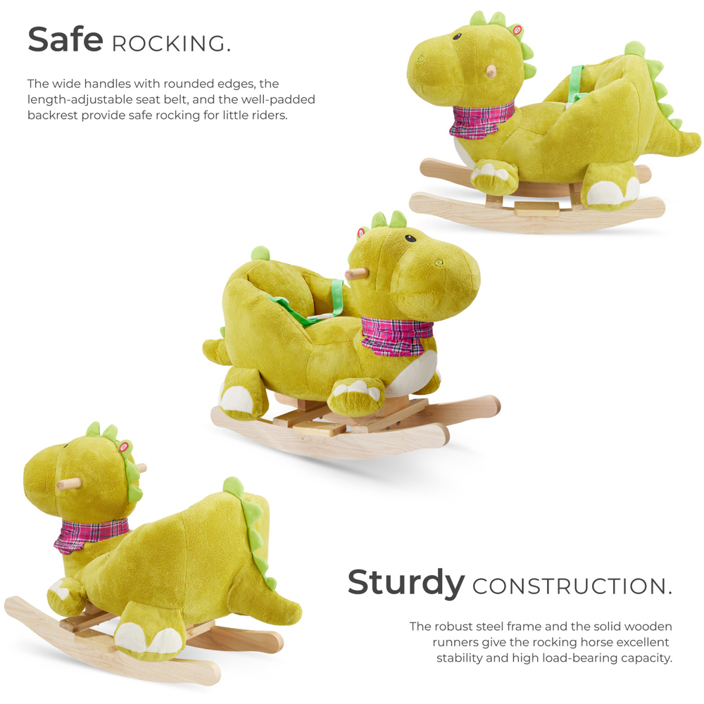 tectake Kids Green Dinosaur Plush Cover Wooden Rocking Horse Image 4