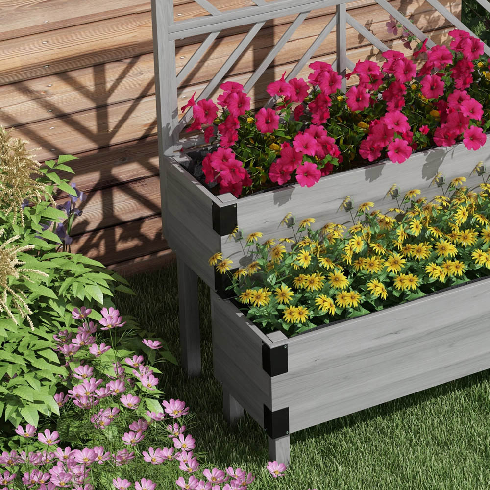Outsunny 2-Tier Wooden Raised Bed with Trellis Image 8