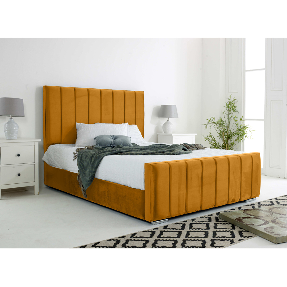 Eleganza Coraline Small Double Mustard Plush Velvet Bed Frame with Headboard and Footboard Image 3