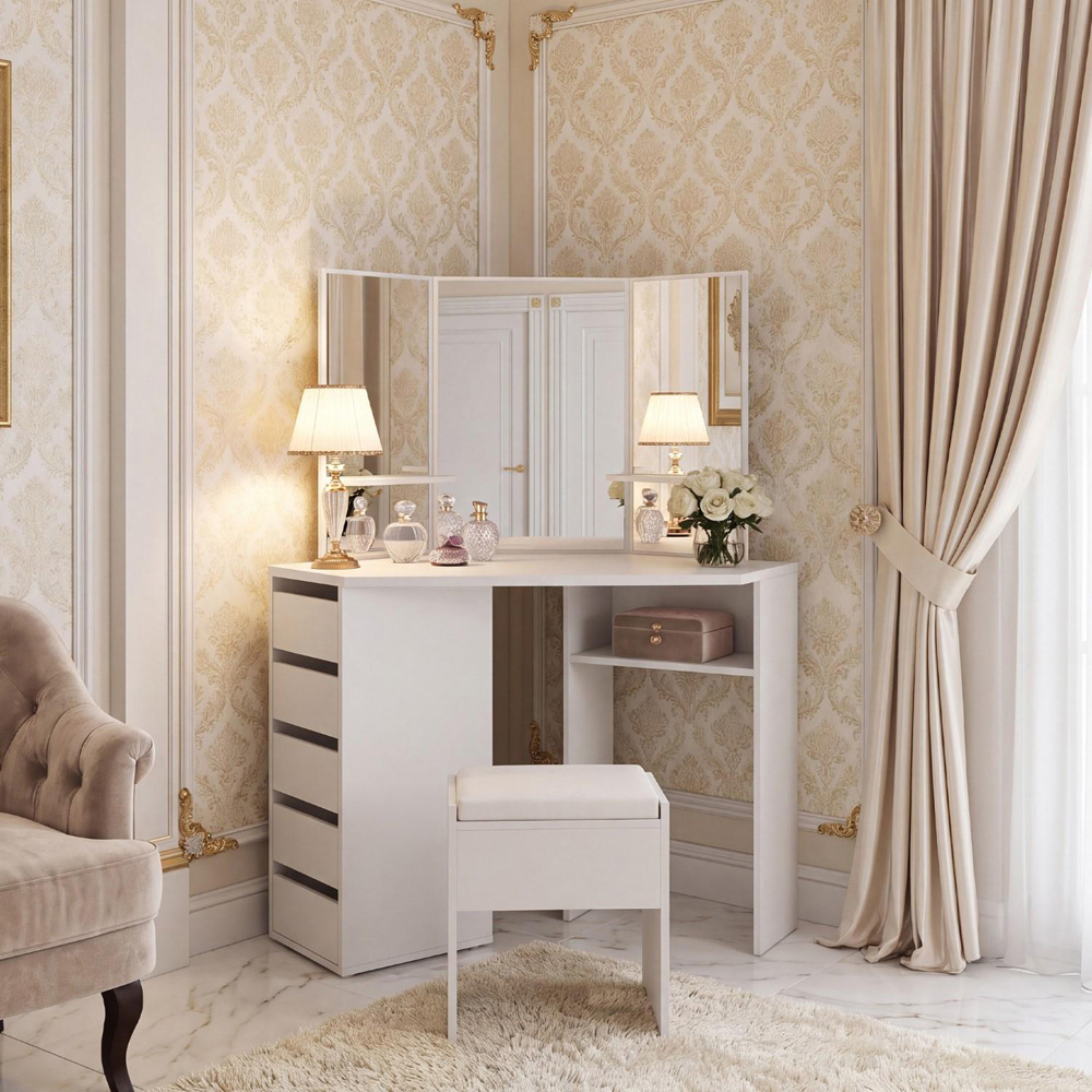 Portland 5 Drawer White Corner Dressing Table Set with Mirror Image 6