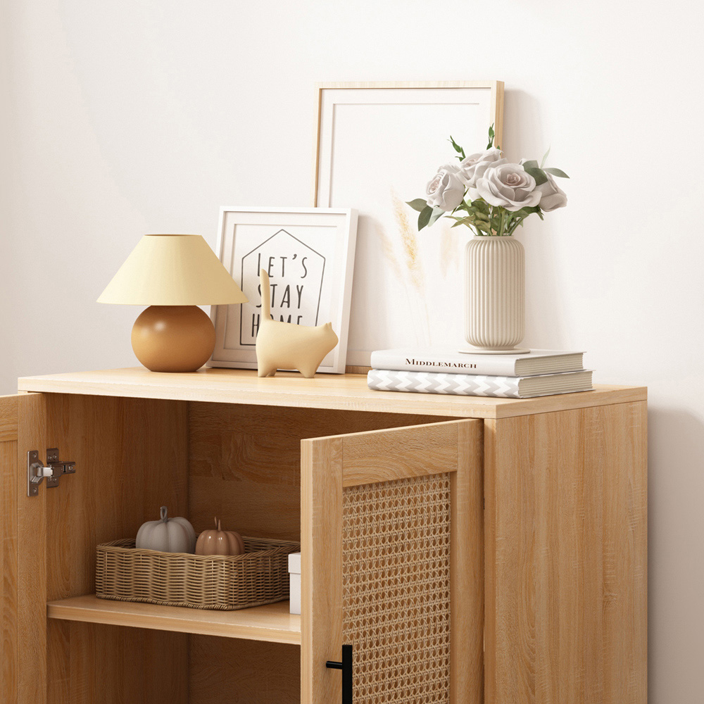 FurnitureHMD 2 Door Natural Rattan Wooden Storage Cabinet with Metal Legs Image 3
