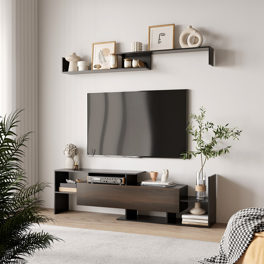 Portland Single Door Black and Brown TV Cabinet with Wall Shelf Image 8