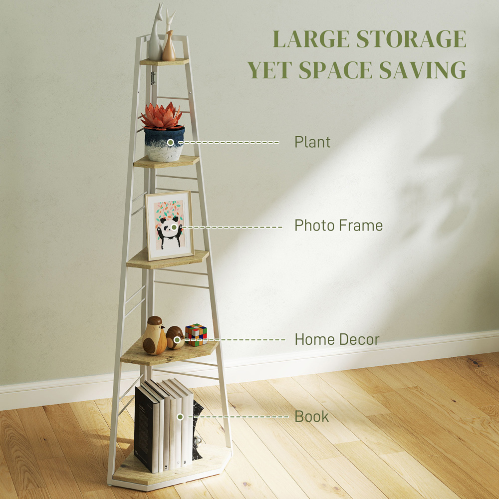 HOMCOM 5 Shelf Natural Wood Corner Adjustable Shelving Unit Image 5