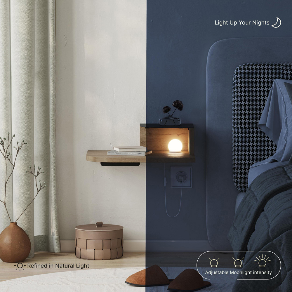 Decortie Luno 2-Tier Natural Oak Wall Mounted Bedside Table with Night Light Image 5