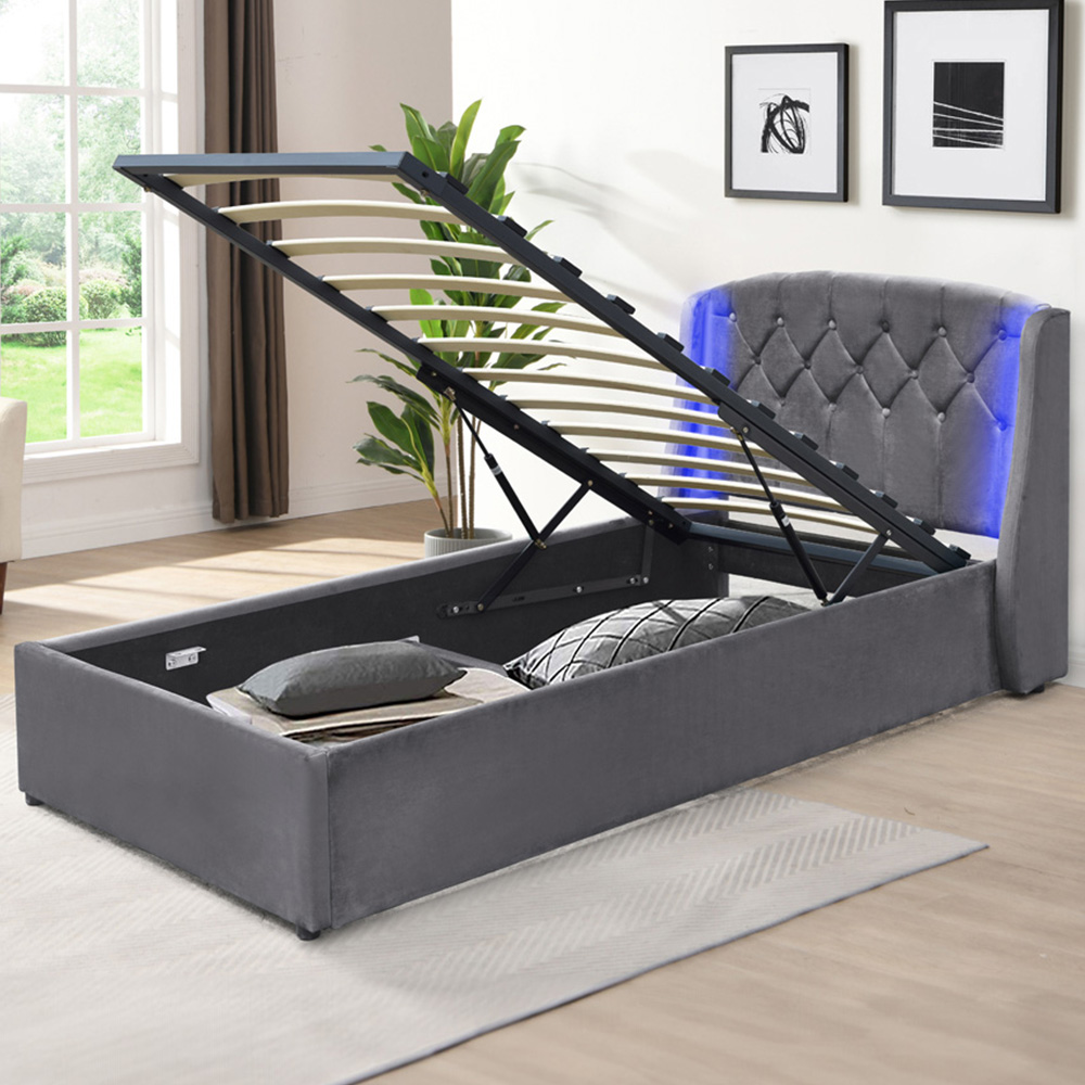 Comfy Living Single Grey Fabric Gaslift Bed Frame with LED Headboard Image 1