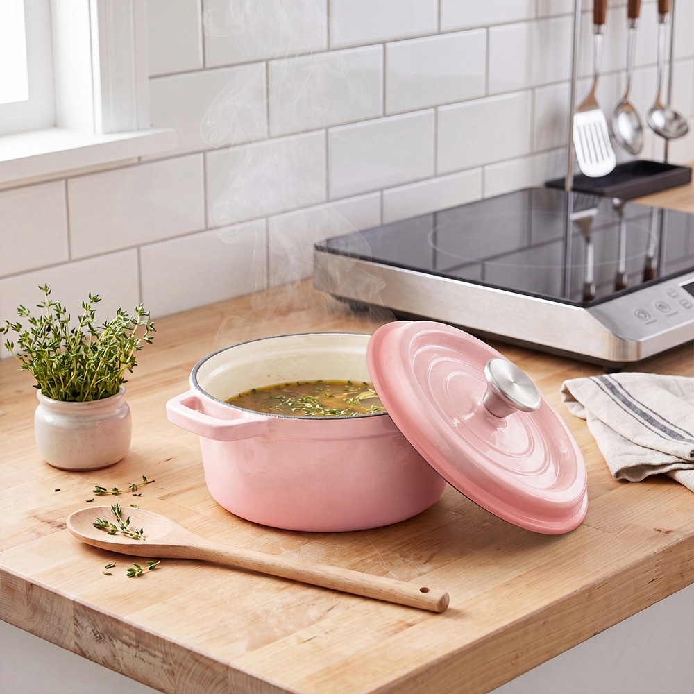Living and Home Gradient Pink Enamelled Cast Iron Dutch Oven Pot 6L Image 7
