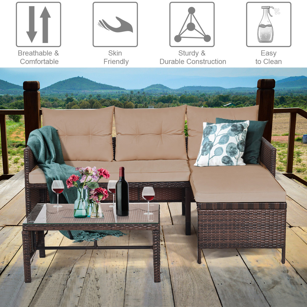 Costway 3 Seater Bistro Set with Cushion Brown Image 4