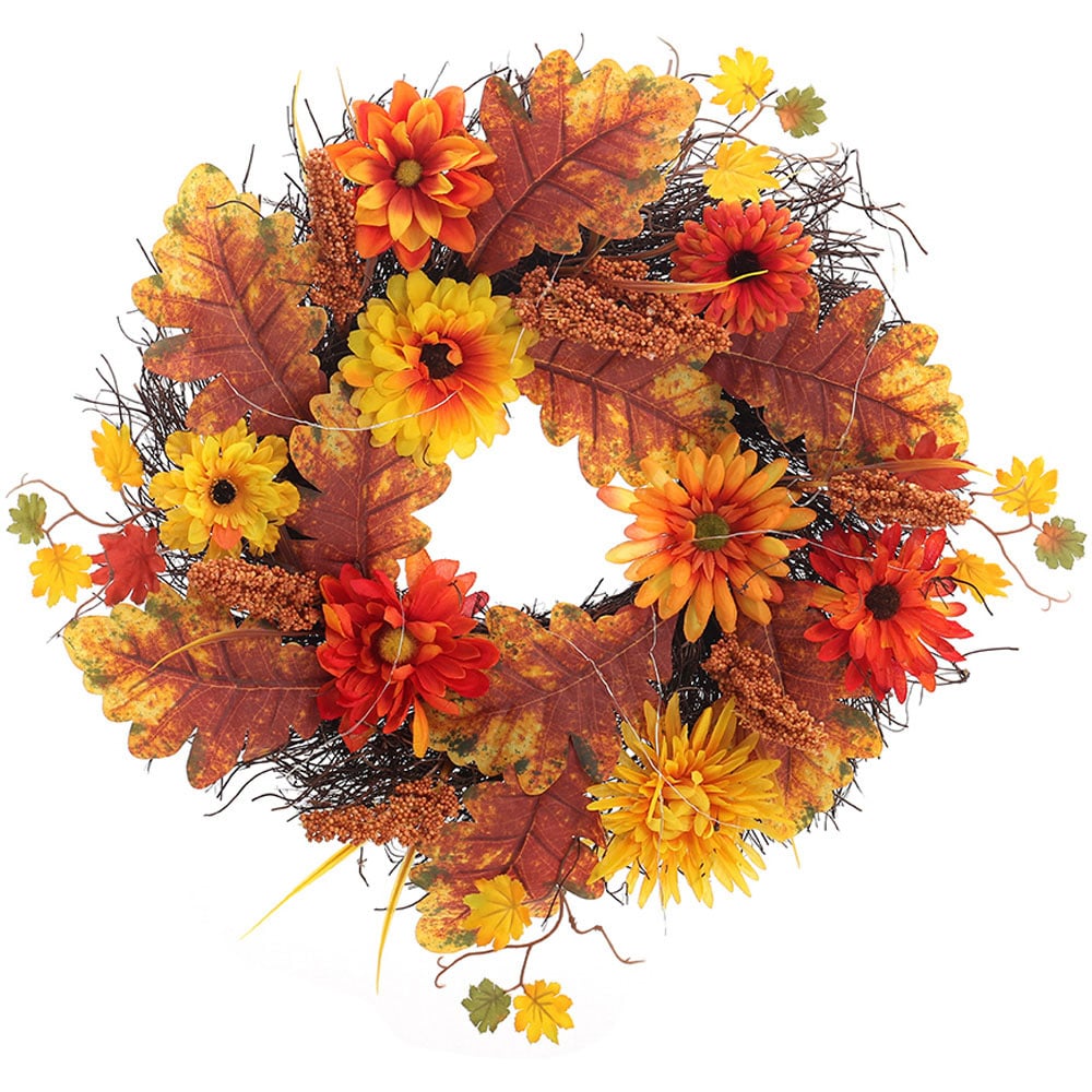 Living and Home LED Wreath with Maple Leaves Daisies and Sorghum 55cm Image 1