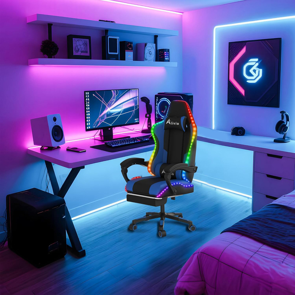 Alivio Blue PU Leather Wireless App Control LED Gaming Chair with Massage Lumbar Cushion Image 4