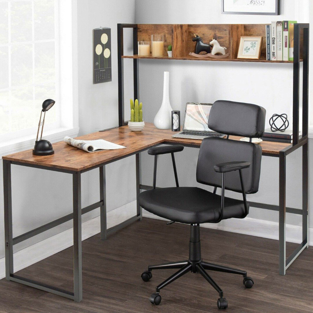 Costway 3 Shelf L Shaped Corner Computer Desk Brown Image 1