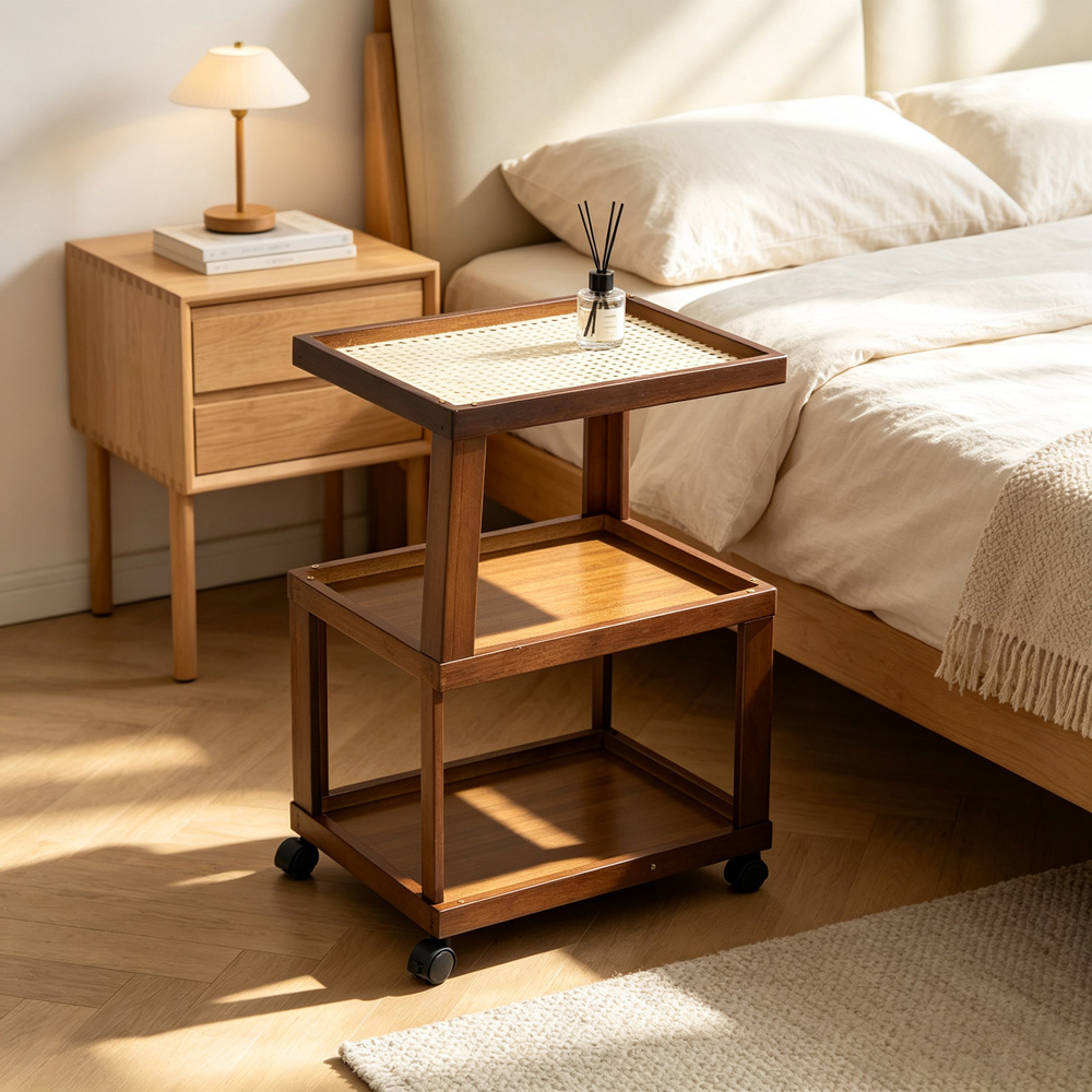 Living and Home 3-Tier Brown Bamboo Faux Rattan Top Side Table with Lockable Castors Image 8
