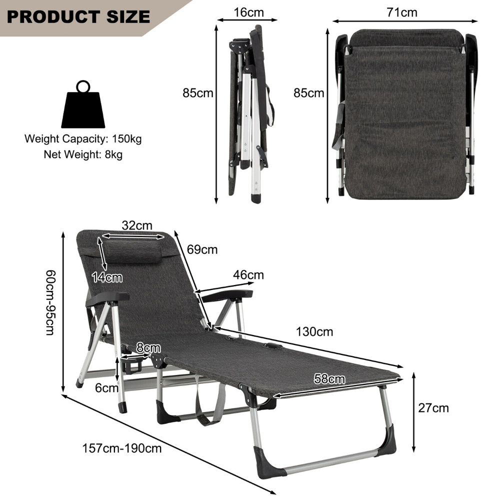Costway Grey Foldable Outdoor Chaise Lounger with Detachable Pillow Image 9
