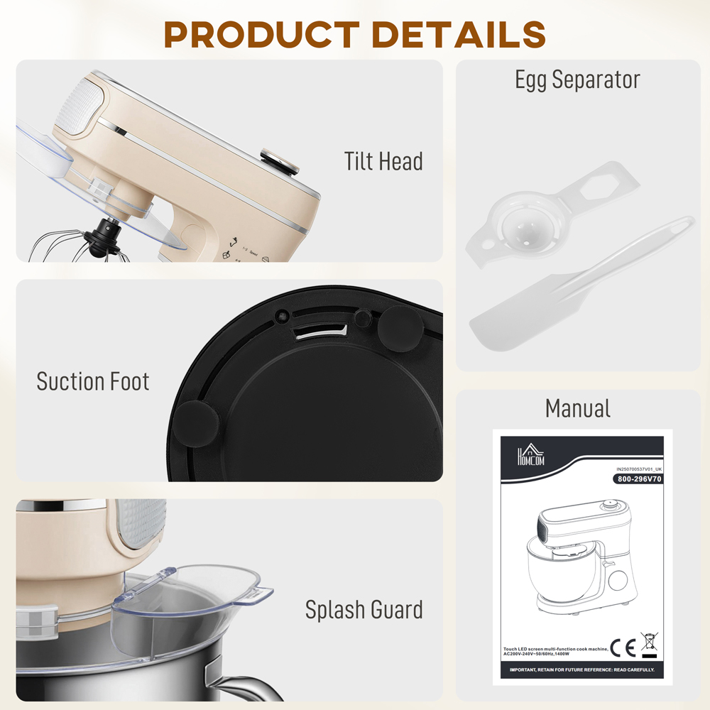 HOMCOM 800-296V70CW 11 Speed Cream 6L Stand Mixer 1400W Image 5