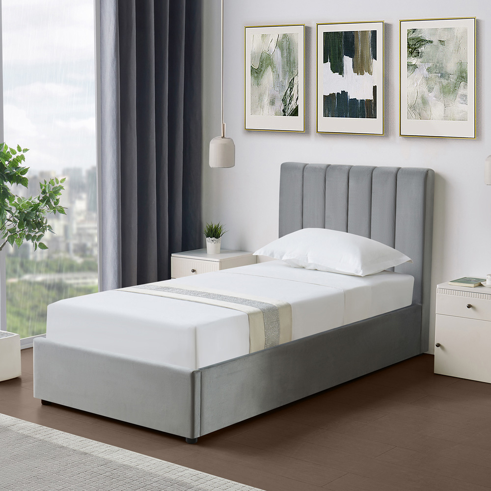 Brooklyn Corwin Single Grey Velvet Ottoman Bed Image 2