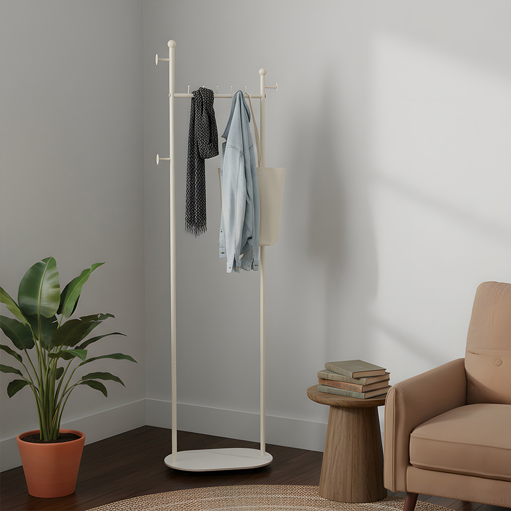 Living and Home White Metal Clothes Rack with 4 Hooks and Marble-Effect Base Image 7