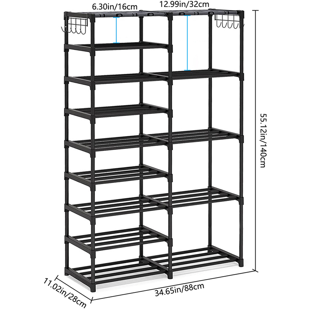 H&O Direct 12 Shelf Large Metal Shoe Rack with Boot Storage and Hooks Image 6