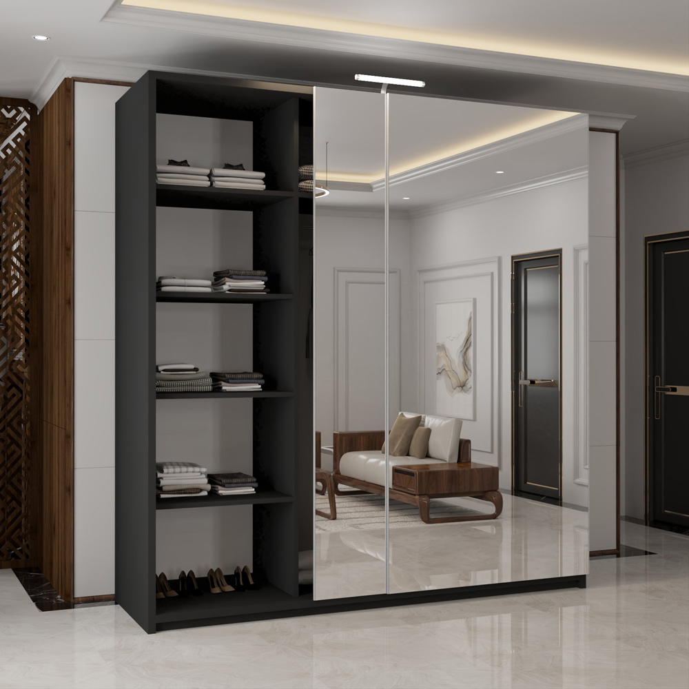 M N Furniture Modern 2 Door Black Mirrored Sliding Wardrobe 200cm Image 3