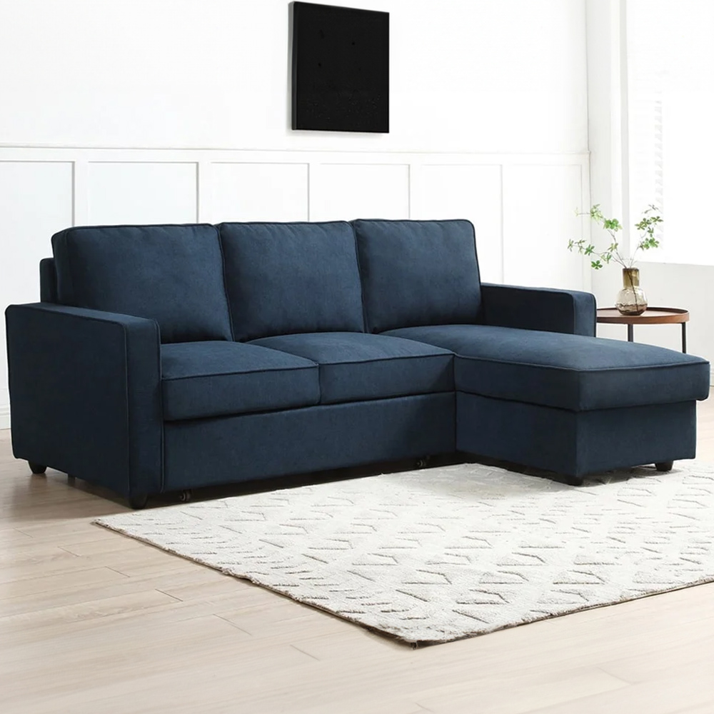 Lucien 3 Seater Blue Corner Sofa Bed Image 1